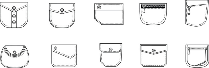 Minimal line icon set of leather wallet pockets and pouches, technical outline illustration, sewing pattern style, fashion accessory design collection