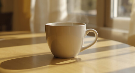 Steaming white coffee cup on wooden table by sunny window