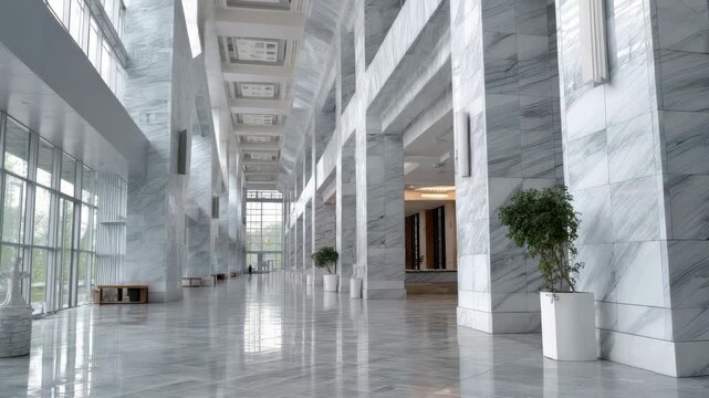 Grand marble hall with tall columns and natural light creating a sense of spaciousness