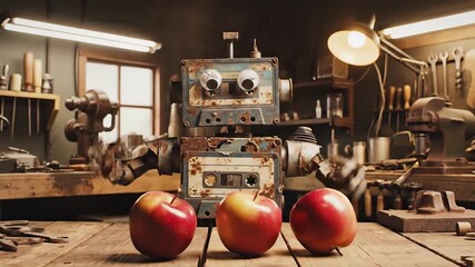 A whimsical robot crafted from vintage cassette tapes and recycled materials stands proudly in a rustic workshop presenting a trio of vibrant red apples on a worn wooden workbench showcasing a blend .