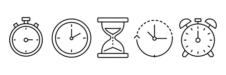 Obraz premium Timers and Clock Icon Set Vector. Time Line Symbols, Including Clock, Stopwatch, and Hourglass for Scheduling and Productivity