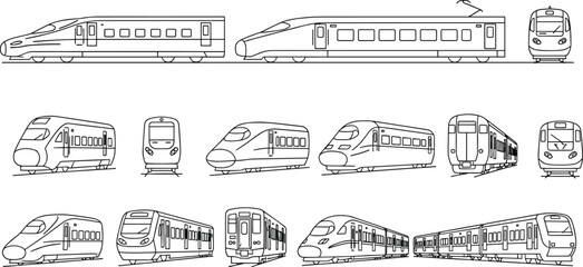 High speed train outline illustration set showing modern electric railway locomotives multiple angles side front perspective views isolated black white vector transportation design © Akaza