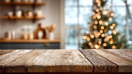 Empty rustic wooden table top with textured natural grain and weathered finish in a cozy kitchen interior with blurred festive christmas tree and warm lighting