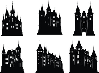 Castle silhouette collection, medieval fortress icons, fantasy architecture design, black castle shapes, historical building vector, gothic towers, fairytale castle clipart, isolated castle graphics © Rejowanul Expressive