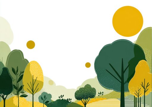 Abstract Nature Background with Trees, Sun, and Organic Shapes