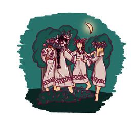 Girls in traditional dresses holding flower wreaths during Ivan Kupala night, midsummer folklore illustration.