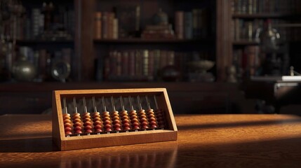 Vintage wooden abacus on mahogany desk in warm library study