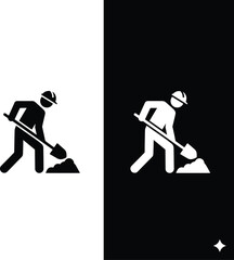 Construction worker pictogram, shovel action, black and white, labor icon, safety symbol, roadwork graphic, silhouette design, job site, manual task, industrial signage, worker pose © Rejowanul Expressive
