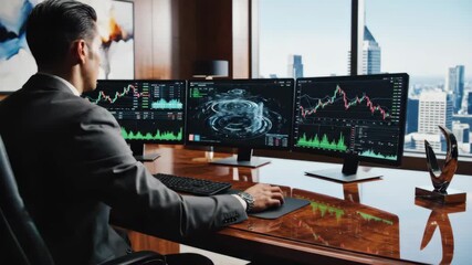 A person in a suit works at a desk with three computer monitors. The screens display stock market charts against a city skyline backdrop. - Powered by Adobe