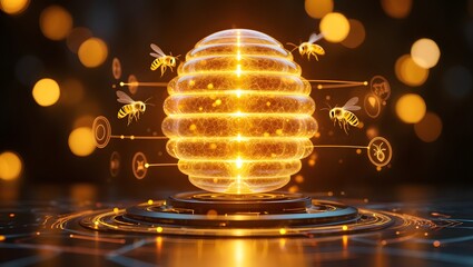 Golden Digital Hive Energy Sphere with Data Particles