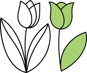 Minimalist tulip flower line art illustration with green accents, modern botanical outline icon design for spring decor branding