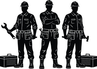 Construction worker silhouettes, handyman team, tool belt, hard hat, black and white, labor icons, industrial character, repair tools, teamwork pose, skilled trades, workshop gear