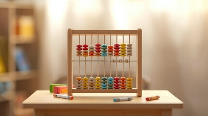 Wooden abacus with colorful beads on table