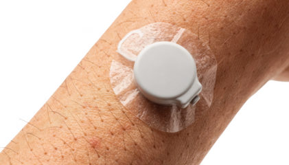 Closeup of a continuous glucose monitor patch adhered to the upper arm highlighting skin texture and sensor details on a clean white background.