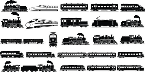 Vintage and modern train silhouettes collection featuring steam locomotives electric trains high speed rail passenger wagons transportation icons isolated black vector set illustration design © Akaza