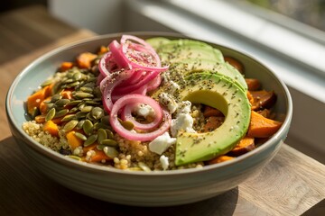 Vibrant quinoa bowl with avocado and pickled onions