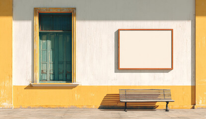 Empty whiteboard with a wooden frame mounted on a light-colored wall next to a window with teal shutters and a wooden bench beneath