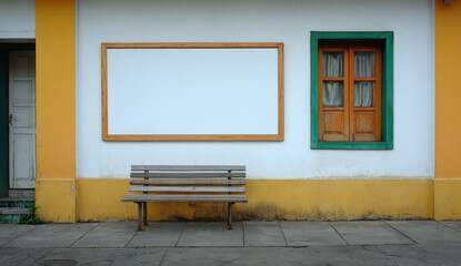 Empty whiteboard with a wooden frame mounted on a white wall, accompanied by a small window with wooden panes and a wooden bench beneath, against a yellow building exterior