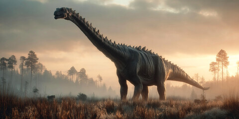 Dinosaur walks through primeval forest with mountains in the background