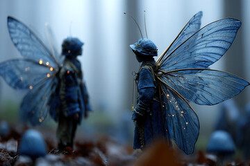 Enchanting fairies with delicate wings explore a mystical forest setting in twilight hours