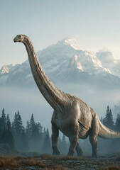 Glacialisaurus stands tall in a prehistoric landscape with mountains and forests