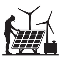  A technician working on solar panel with wind turbines for renewable energy generation
