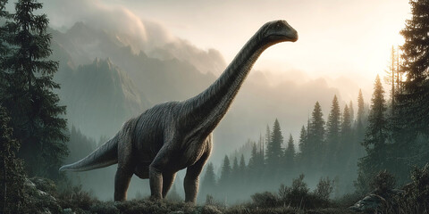 Qantassaurus stands tall in a prehistoric forest with distant mountains at dawn