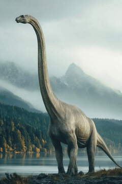 Nigersaurus roams a beautiful landscape of lakes and mountains in primeval forests
