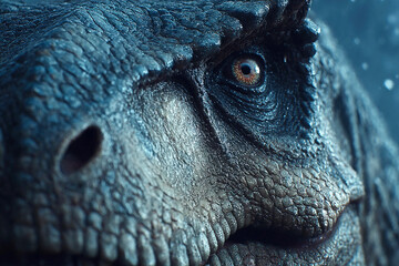 Dramatic close up of a tyrannosaurus in a primeval forest setting with mountain background