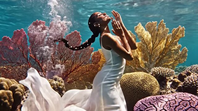 An ethereal and graceful person, clad in a flowing white dress, floats serenely amidst a vibrant underwater coral reef. Delicate fabric billows around the figure, creating a dreamlike silhouette again