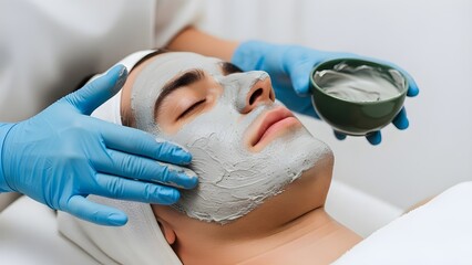 A man receiving a grey charcoal mud facial mask treatment for skin health and grooming at a spa