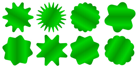 Set of vibrant gradient green starburst badges and seals, eco certifications, organic product labels, discount stickers