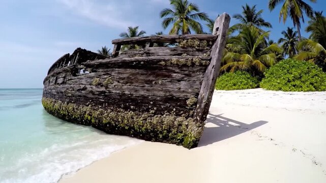 An evocative wide shot captures the timeless beauty of a weathered wooden shipwreck resting peacefully on a pristine white sandy beach. The ancient hull, adorned with barnacles and green moss, is part