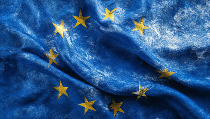 European flag featuring a blue background with a circle of gold stars, textured fabric appearance, and written text against a background with a 3d numbered die