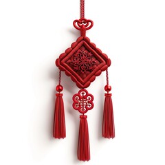 Traditional Chinese knot with "Happy New Year" text, gold lettering on red cord, blank background, for festival cards, cultural posters, social media greetings, Spring Festival decorations, and New Ye