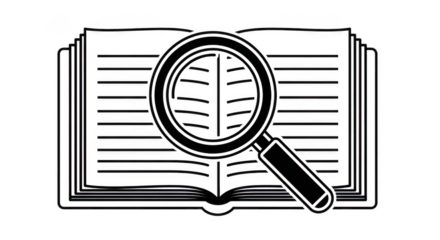 Magnifying glass over an open book symbolizing research, study, and investigation isolated on transparent background