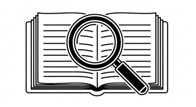 Magnifying glass over an open book symbolizing research, study, and investigation isolated on transparent background - Powered by Adobe