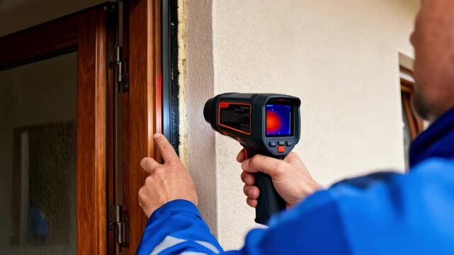 Technician uses infrared camera to inspect door frames for hidden thermal gaps in a residential building.