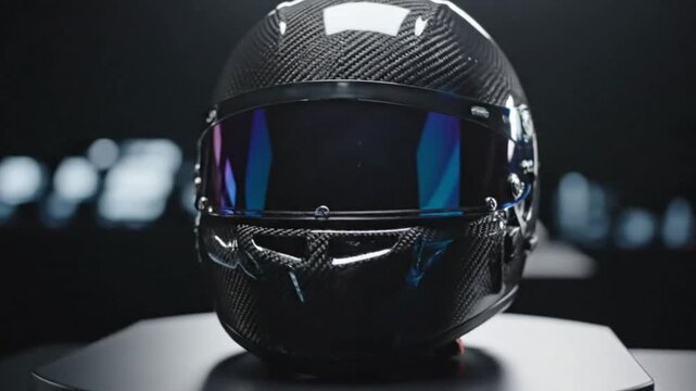 A sleek, high-performance helmet crafted from advanced carbon fiber material is showcased against a minimalist dark background. The intricate weave pattern of the composite shell is distinctly visible