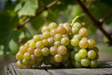 Freshly picked grapes on wooden surface