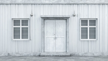 Exterior view of a modern industrial building with corrugated metal facade, two rectangular windows with horizontal blinds, and a central double door