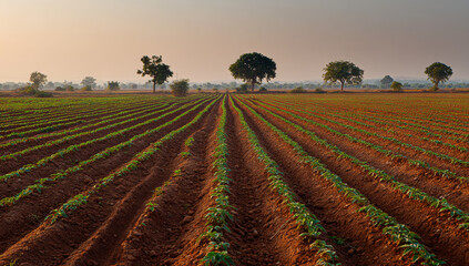 Expansive sweet potato field with evenly spaced green plants growing in rich, reddish-brown soil under a soft sky, showcasing agricultural landscape and crop cultivation