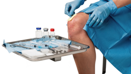 Physician setting up sterile instruments on tray next to patients swollen knee covered with drape ready for synovial fluid aspiration procedure on white background.