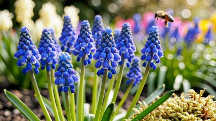 Vibrant blue grape hyacinth flowers blooming in a spring garden with a busy bee collecting nectar showcasing the beauty of nature and the arrival of warmer weather.