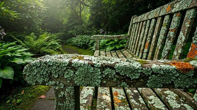 Moss and lichen-covered park bench in shaded garden path surrounded by lush greenery, peaceful setting