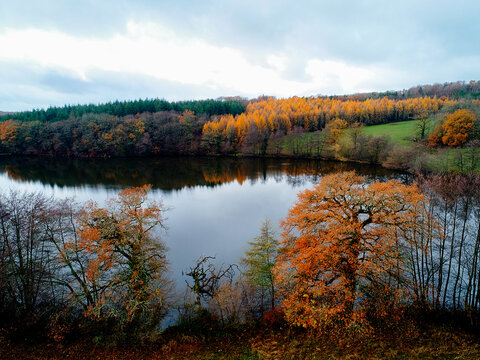 Aerial view of the still lake reflecting the fiery hues of autumn foliage against the dark green forest under a cloudy sky, Morvan, Morvan, France.