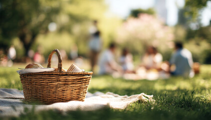 Family enjoying a picnic on a lush green grassy park during a sunny day with a wicker picnic basket in the foreground