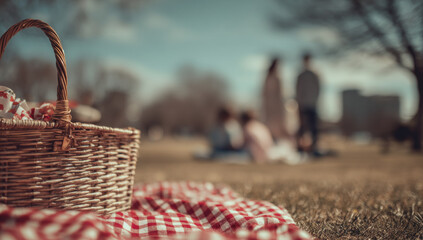 Family enjoying a picnic on the grassy park with a woven wicker basket and red checked cloth in warm sunlight