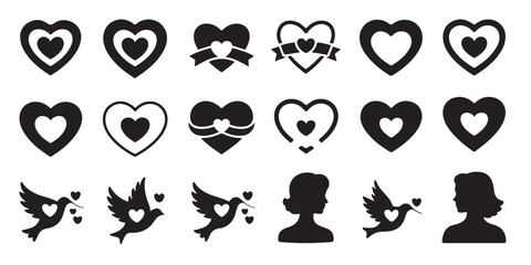 Solid silhouette heart dove icon set collection wedding romance valentines day black symbols graphics design