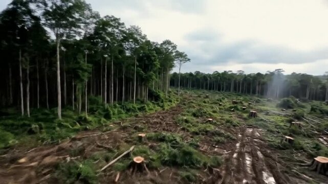 A stark visual contrast is presented between a dense, vibrant forest and a recently clear-cut area. The scene depicts numerous tree stumps scattered across muddy, disturbed earth, highlighting the sig